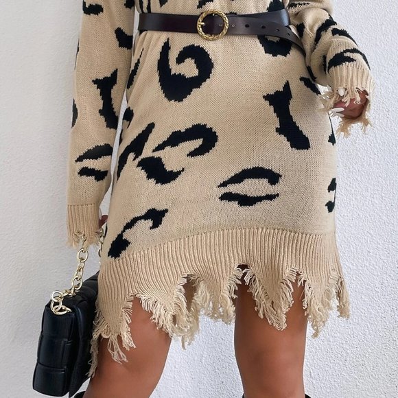 leopard print v-neck distressed sweater dress chic sassy - Picture 7 of 7